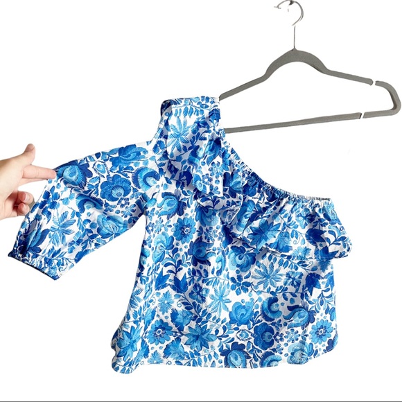 M.D.S. Stripes Tops - M.D.S. Stripes One Shoulder Floral Top Size 2 Blue Cotton Mark D Sykes